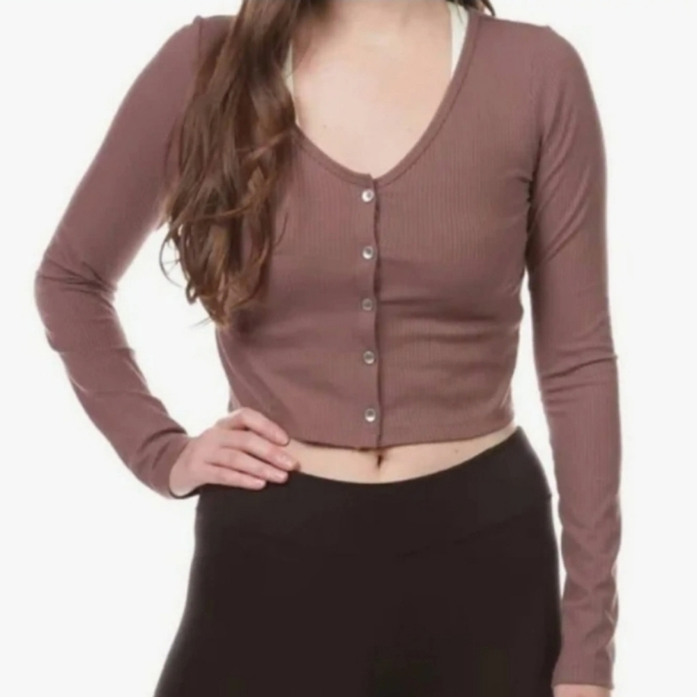NWT Calvin Klein Performance Button Up long sleeve Crop Top Sz M Stardust Lilac